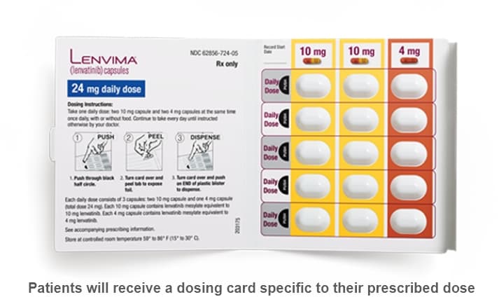 LENVIMA capsules are supplied in cartons of 6 blister cards, with a 24-mg daily dose taken in 10 mg and 4 mg capsules mobile