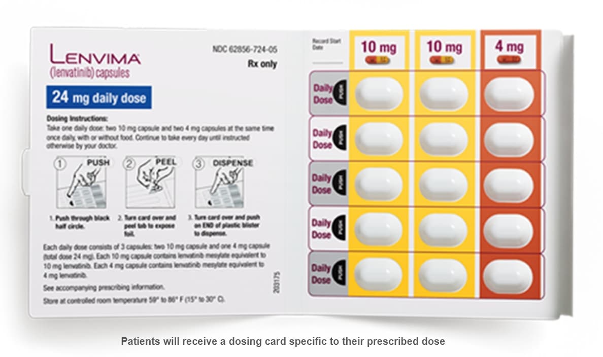 LENVIMA capsules are supplied in cartons of 6 blister cards, with a 24-mg daily dose taken in 10 mg and 4 mg capsules. 