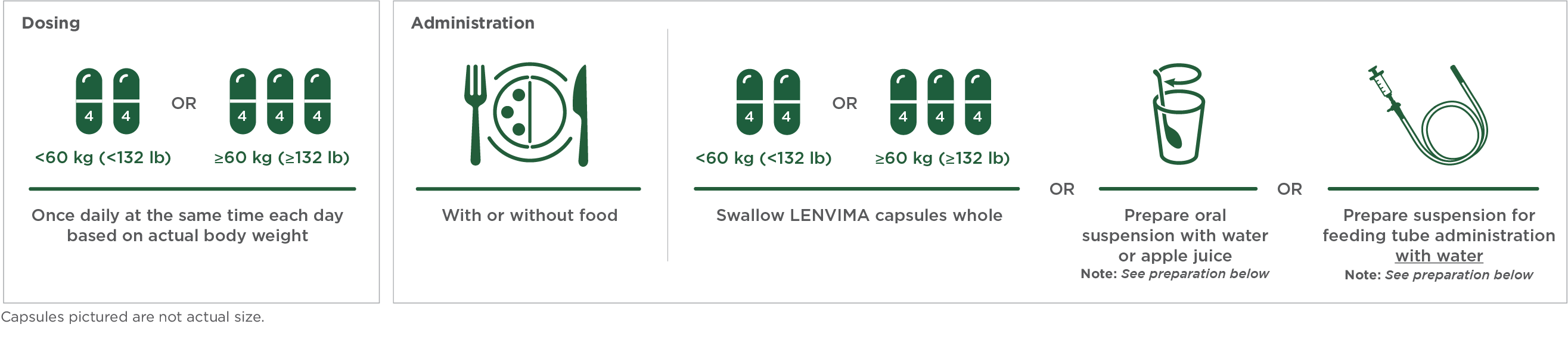 LENVIMA dosing is once a day, every day, with or without food, and is based on body weight graphic